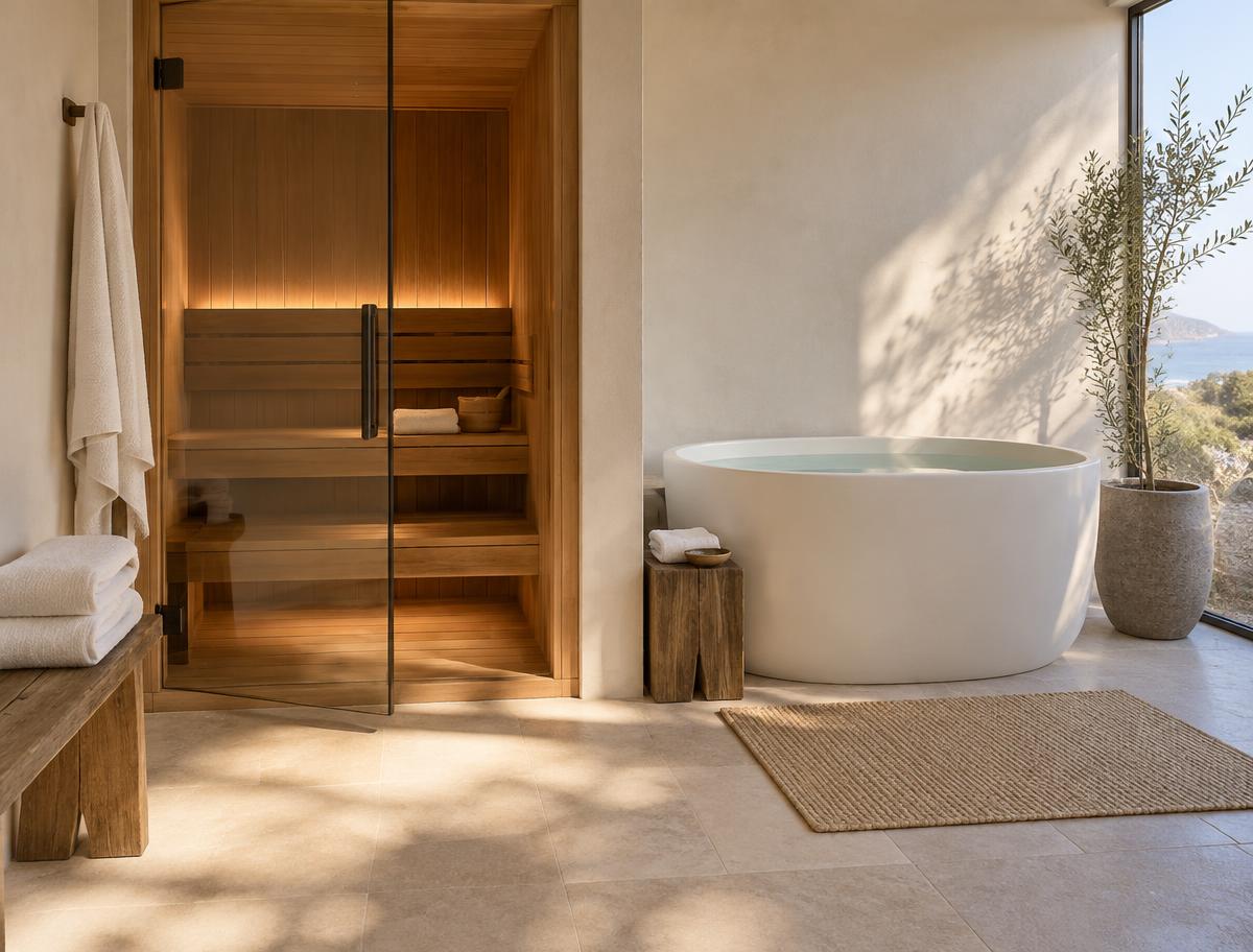 Illustrative private sauna and cold plunge recovery room